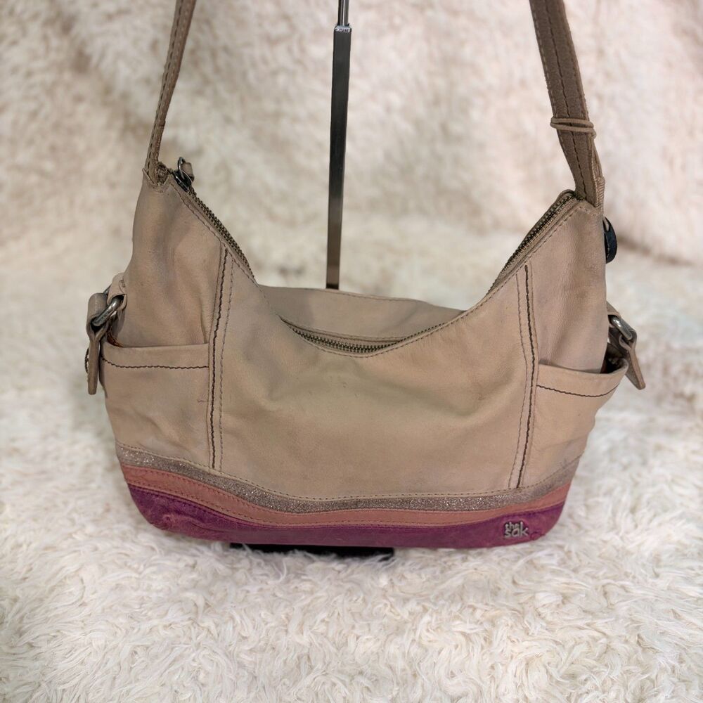 The Sak Leather Shoulder Bag Beige Purple Suede Bottom Stripe Hobo Purse Vintage